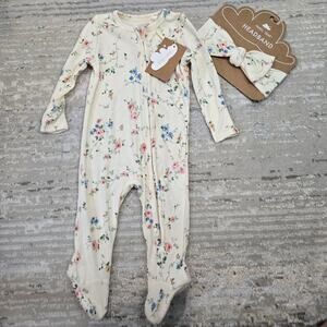 NWT Angel Dear Bamboo Footed Outfit Sleeper Matching Headbands Floral 3-6 Month